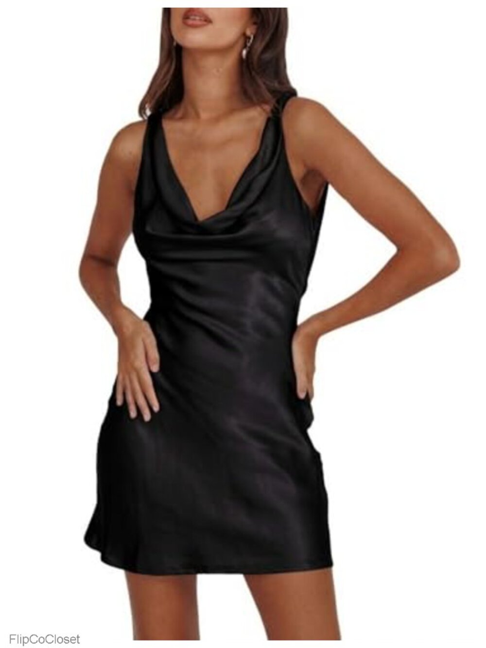Women's Satin Cowl Neck Backless Bodycon Mini Dress Sleeveless Party Club